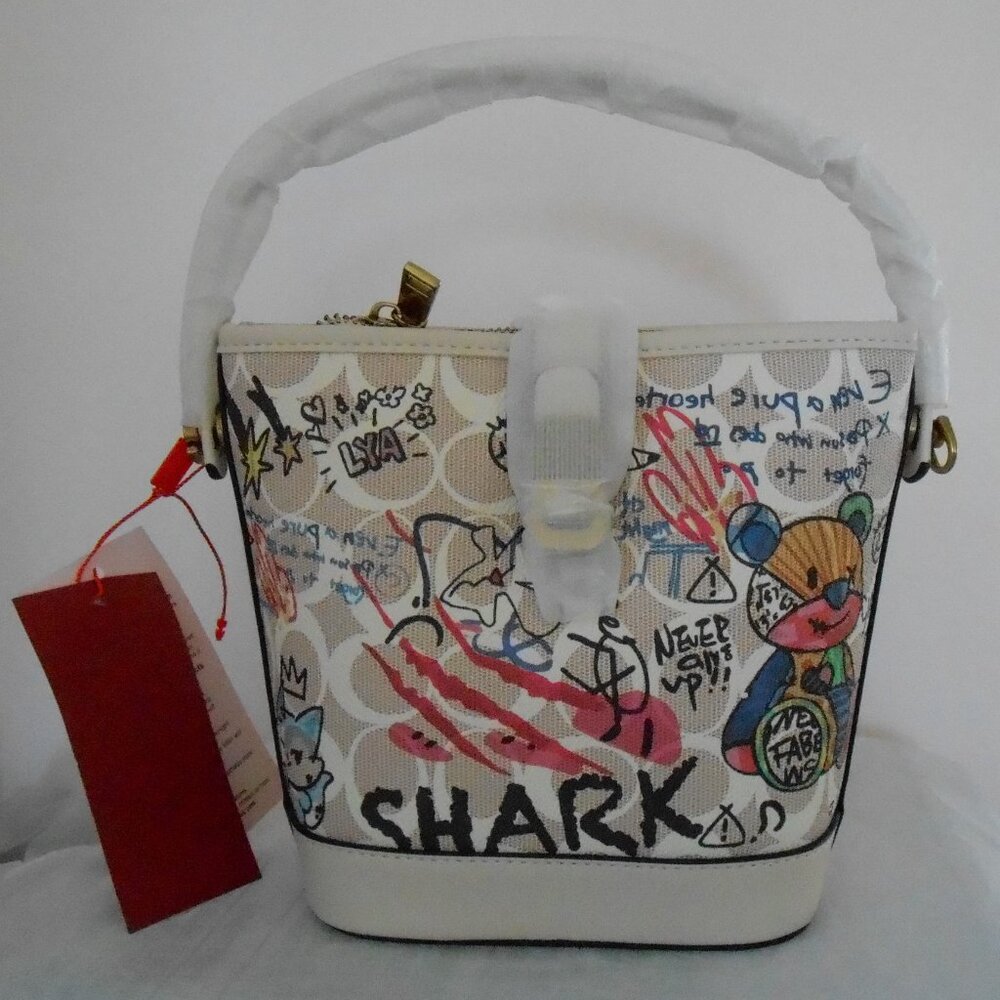 FOXLOVER Coated Canvas Small Bucket Crossbody/Shoulder Bag Purse Graffiti-NWT